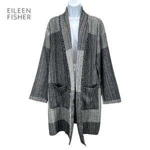 Eileen Fisher Women L/XL Gray & Black Organic Cotton Duster Jacket Shawl Collar